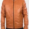 Tan Lambskin Leather Bomber Jacket for Men with Front Zipper and Collar