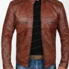 Men's Austin Waxed Leather Jacket in Rich Chocolate Brown with Erect Collar and Zipper Pockets
