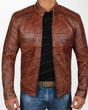 Men's Austin Waxed Leather Jacket in Rich Chocolate Brown with Erect Collar and Zipper Pockets