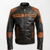 Men High-Gloss Orange Black Waxed Leather Jacket - Bold and Trendy