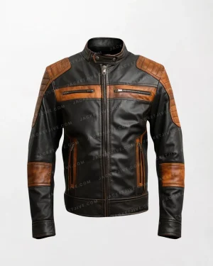 Men High-Gloss Orange Black Waxed Leather Jacket - Bold and Trendy