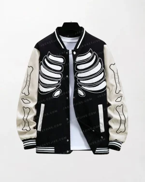 Men High-Quality Skeleton Print Striped Trim Jacket - Bold and Stylish