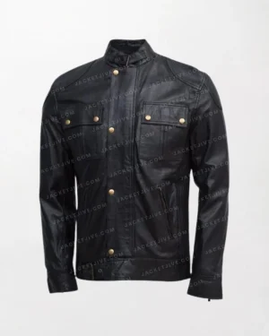 Men's Black Leather Jacket Gold Buttons - Black, Zipper Front