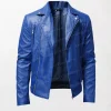 Men's Blue Leather Jacket with Stand Collar and Punk Design