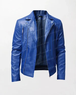 Men's Blue Leather Jacket with Stand Collar and Punk Design