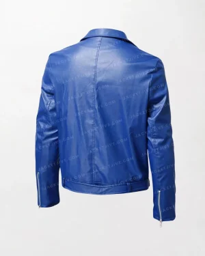 Men's Blue Leather Jacket with Stand Collar and Punk Design back