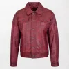 Men's Distressed Red Leather Rider Casual Jacket with Yoke and Patch Pockets