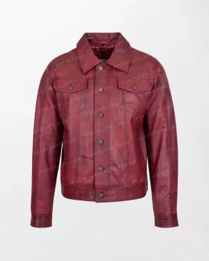 Men's Distressed Red Leather Rider Casual Jacket with Yoke and Patch Pockets