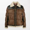 Men's Front Full Zipped Puffer Leather Jacket with Shearling Collar and Cuffs