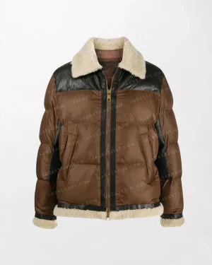 Men's Front Full Zipped Puffer Leather Jacket with Shearling Collar and Cuffs