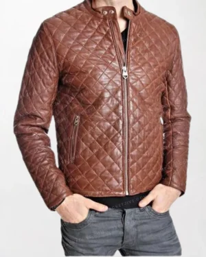 Men's Quilted Hutch Brown Leather Jacket with Chest Zipper and Collar