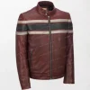 Mens Retro Red Waxed Leather Jacket - Red with Black and White Striped Design, Zippered Front, Long Sleeves