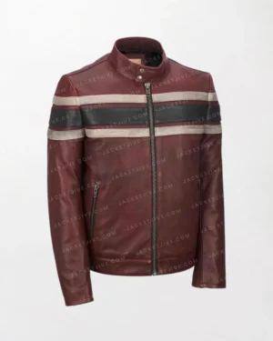 Mens Retro Red Waxed Leather Jacket - Red with Black and White Striped Design, Zippered Front, Long Sleeves