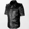 Men's Vintage Style Short Sleeve Black Leather Motor Bike Jacket right