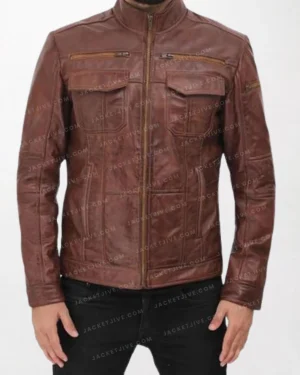 Men's Waxed Brown Leather Jacket with Two Chest Pockets