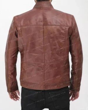 Men's Waxed Brown Leather Jacket with Two Pockets back
