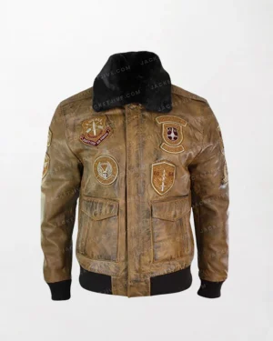 Military Insignia Skull Crossbones Bomber Jacket - Brown Leather, Vintage Style
