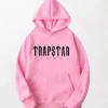 Pink Trapstar Hoodie - Traps Text in White, Drawstring Hood, Kangaroo Pocket, Ribbed Cuff and Hem