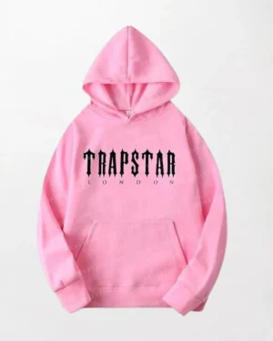 Pink Trapstar Hoodie - Traps Text in White, Drawstring Hood, Kangaroo Pocket, Ribbed Cuff and Hem