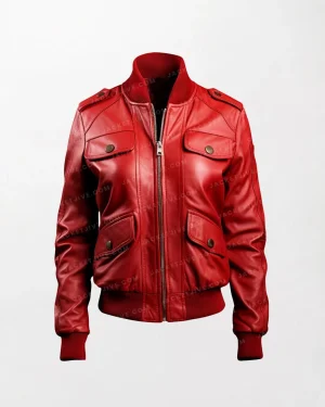 Red High-Quality Leather Jacket Featuring Strap Pockets - Stylish and Functional