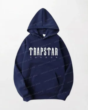 Navy Blue Trapstar Hoodie - Traps Text in White, Drawstring Hood, Kangaroo Pocket, Ribbed Cuff and Hem.