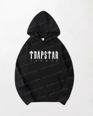 Black Trapstar Hoodie - Traps Text in White, Drawstring Hood, Kangaroo Pocket, Ribbed Cuff and Hem