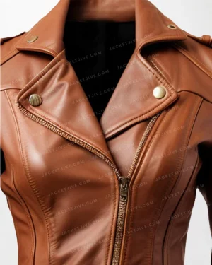 Women Brown Slim Fit Asymmetrical Biker Leather Jacket