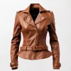Women Brown Slim Fit Asymmetrical Biker Leather Jacket - Stylish and Chic