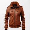 Women Eco-Friendly Tan Brown Leather Jacket with Strap Pockets - Sustainable and Stylish