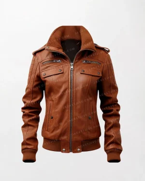 Women Eco-Friendly Tan Brown Leather Jacket with Strap Pockets - Sustainable and Stylish