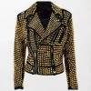 Women Golden Studded Cowhide Brando Jacket - Black and Gold, Studded Shoulders and Sleeves, Front Zipper, Gold Buckle Collar