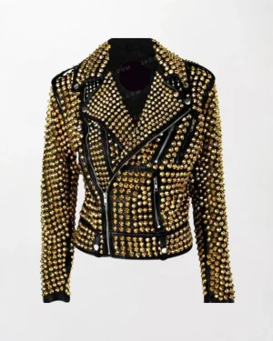 Women Golden Studded Cowhide Brando Jacket - Black and Gold, Studded Shoulders and Sleeves, Front Zipper, Gold Buckle Collar