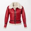 Women Red Leather Jacket with White Faux Fur Collar - Red with Black Trim Accents, Front Zipper Closure