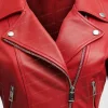 Women Red Leather Moto Jacket with Studded Shoulders