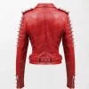 Women Red Leather Moto Jacket with Studded Shoulders