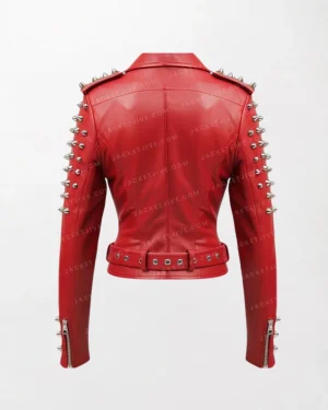 Women Red Leather Moto Jacket with Studded Shoulders