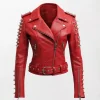 Women Red Leather Moto Jacket with Studded Shoulders - Bold and Edgy