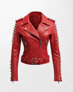 Women Red Leather Moto Jacket with Studded Shoulders - Bold and Edgy