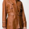Women’s Brown Belted High-Quality Leather Coat focus