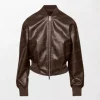 Women's Brown Leather Shearling Jacket with Zipper and Hood - Brown, Shiny Leather