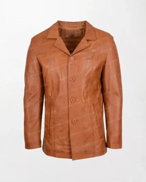 Classic Brown Leather Jacket with Leather Trimmings Reefer Jacket Thrill Tan