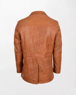 Classic Brown Leather Jacket with Leather Trimmings Reefer Jacket Thrill Tan back