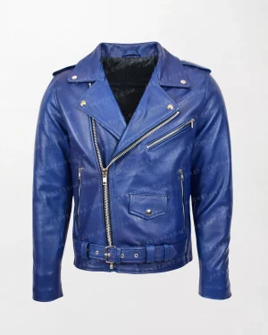 Men's Kyle Blue Leather Biker Jacket with Heavy Duty Zippered Design and Slim Fit