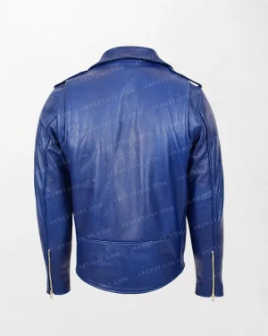 Kyle Blue Leather Biker Jacket for Men with Heavy Duty Zippered Design and Slim Fit back