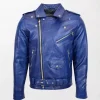 Kyle Blue Leather Biker Jacket for Men with Heavy Duty Zippered Design and Slim Fit dront