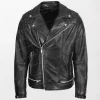 Men's Black Leather Biker Jacket in Brando Style with Zippered Front and Sleeves