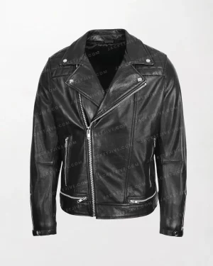 Men's Black Leather Biker Jacket in Brando Style with Zippered Front and Sleeves