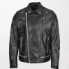 Men's Black Leather Biker Jacket Brando Style Sean with Zippered Front and Sleeves front