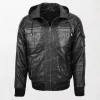 Men's Black Leather Bomber Jacket Bronx Style with Hoodie and Zippered Details