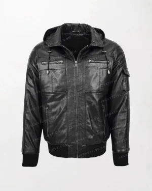 Men's Black Leather Bomber Jacket Bronx Style with Hoodie and Zippered Details